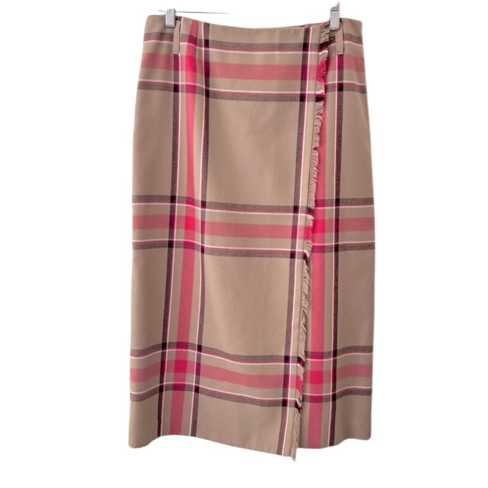 EVAN PICONE Vtg 90s Tartan Plaid Wrap Midi Skirt Belt Loops Tan Pink Size 10
